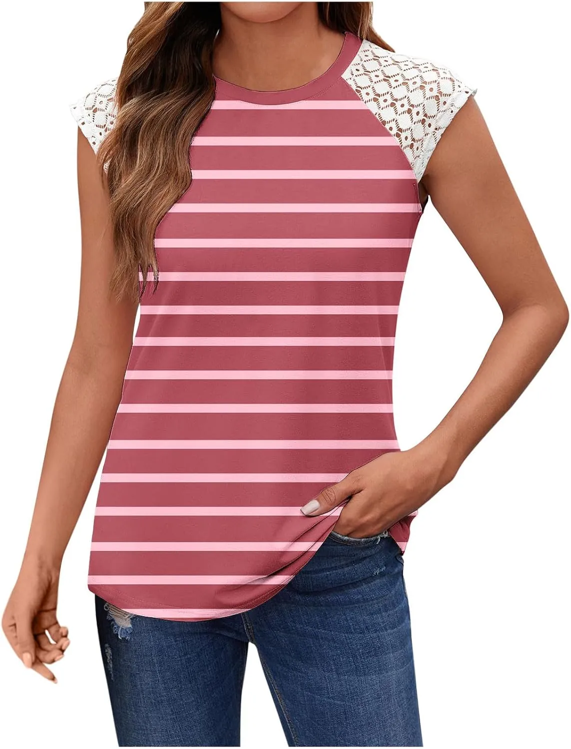 Women's Striped Lace Patchwork Tank Tops Round Neck Sleeveless Shirts Summer Casual Color Block Vacation Beach Tees