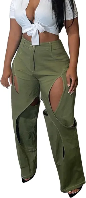 Women's Stylish Y2K Hollow Out Jeans Casual High Waist Straight Leg Cargo Pants Distressed Washed Denim Trousers with Pockets