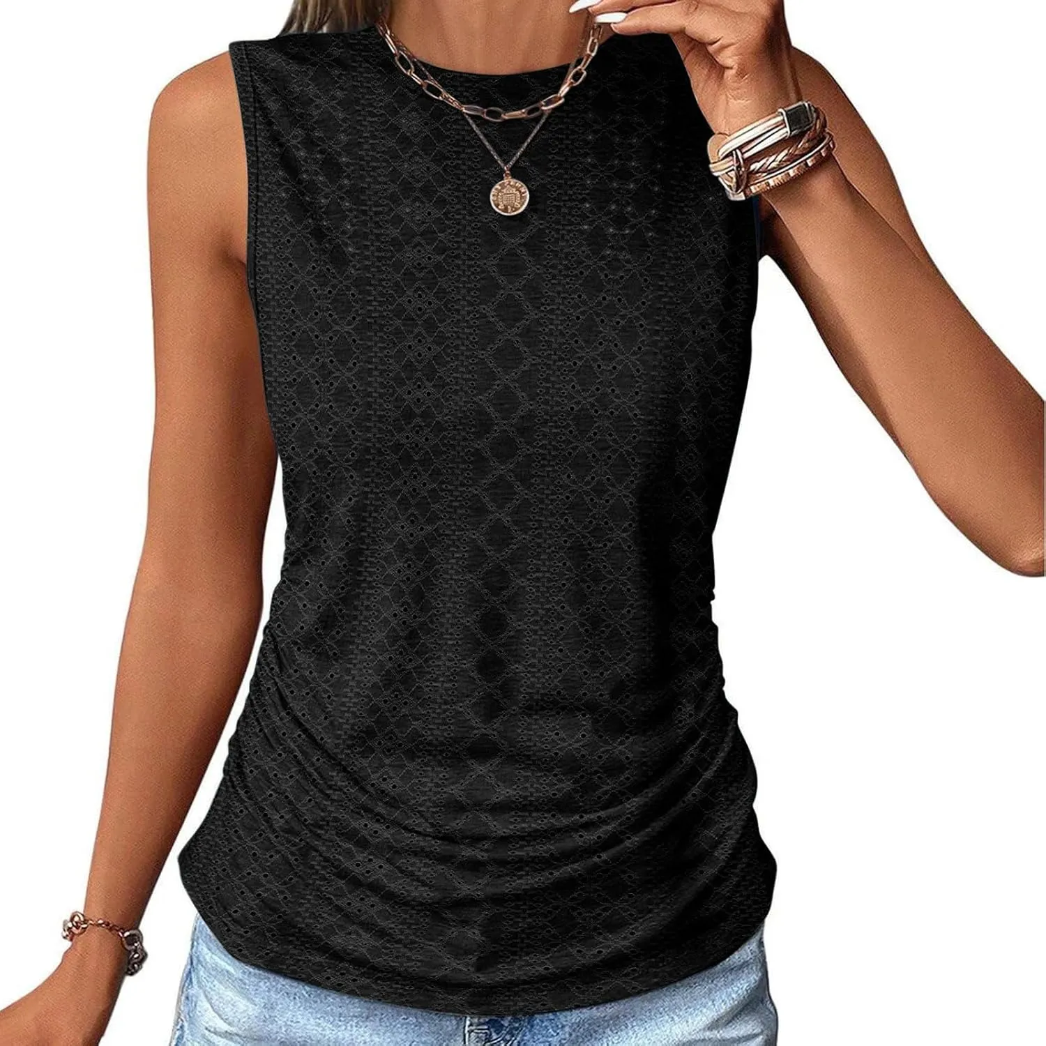 Womens Tank Tops Sleeveless Eyelet Shirts Crewneck Summer Tops Casual Loose Fit Basic Tees Beach Vacation Clothes