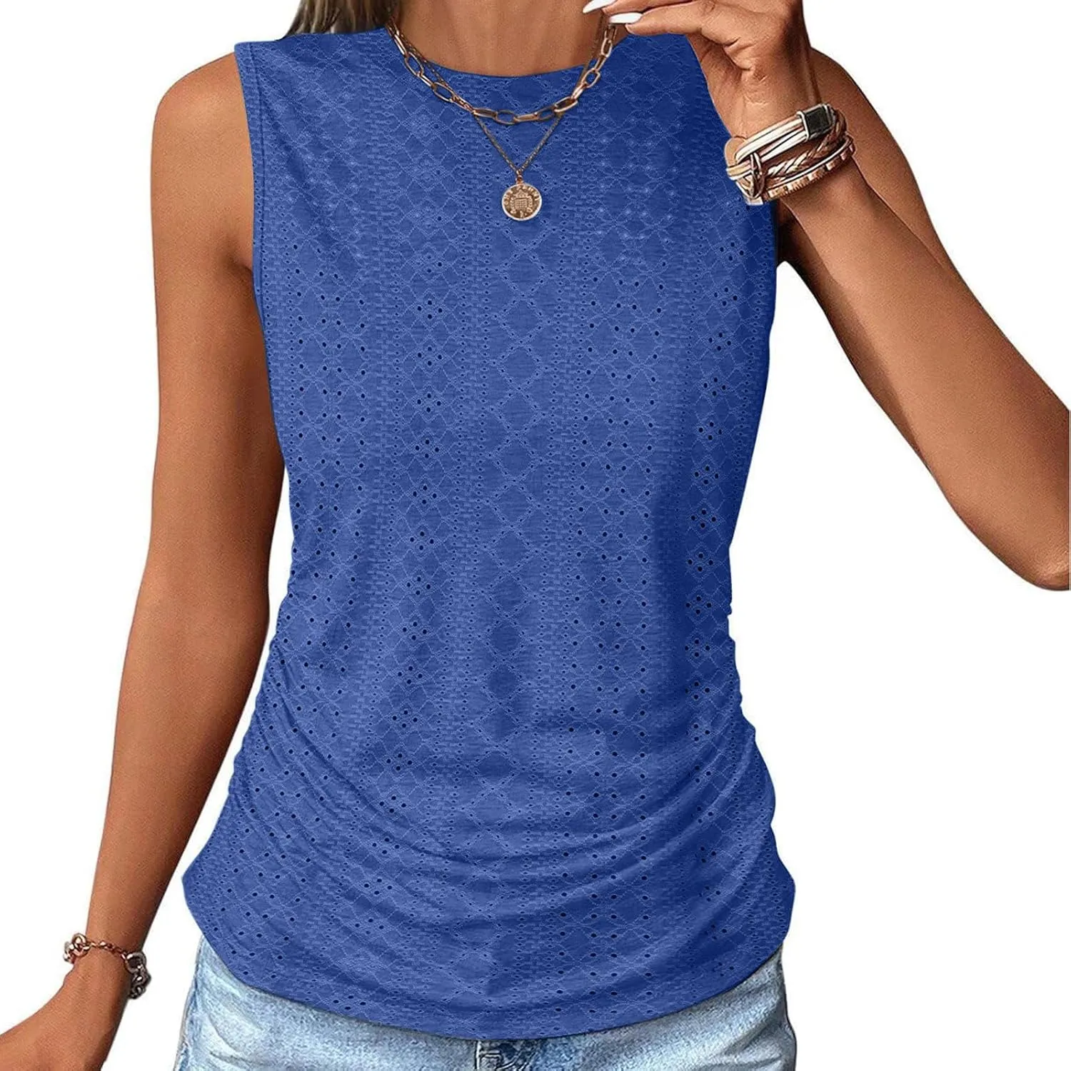 Womens Tank Tops Sleeveless Eyelet Shirts Crewneck Summer Tops Casual Loose Fit Basic Tees Beach Vacation Clothes