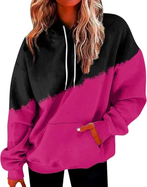 Women's Tie Dye Hoodies Fall Long Sleeve Casual Color Block Oversized Pullover Sweatshirt with Pocket