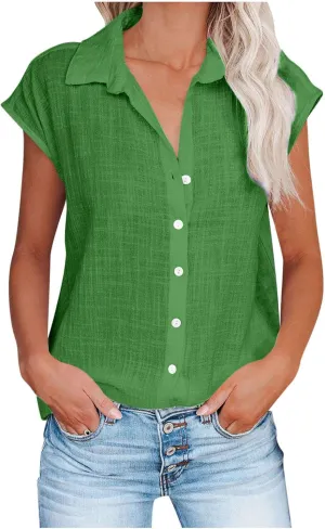 Womens Tops Casual Cotton Linen Tees Short Sleeve Shirts Spring Summer Fashion Clothing Button Down Blouses