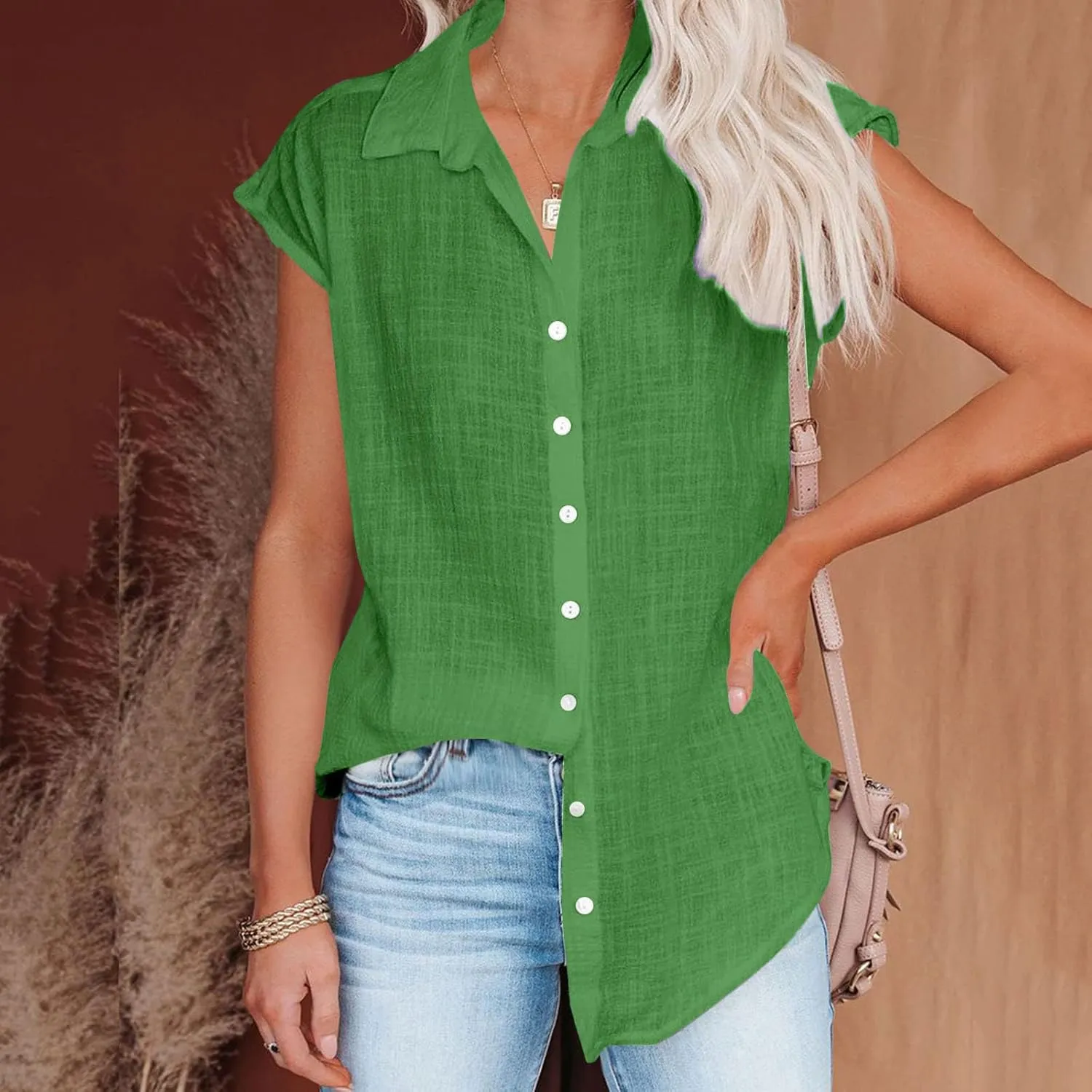 Womens Tops Casual Cotton Linen Tees Short Sleeve Shirts Spring Summer Fashion Clothing Button Down Blouses
