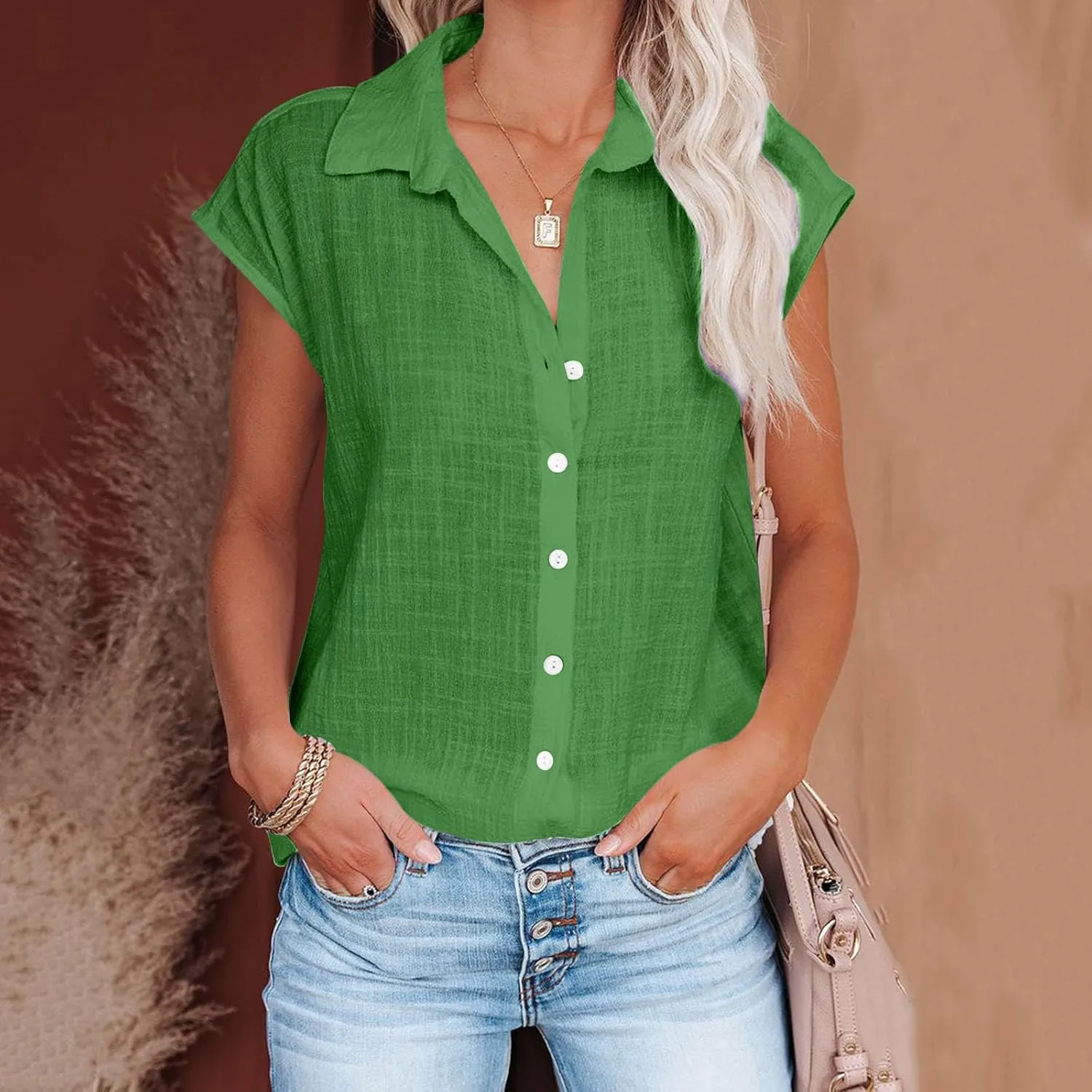 Womens Tops Casual Cotton Linen Tees Short Sleeve Shirts Spring Summer Fashion Clothing Button Down Blouses