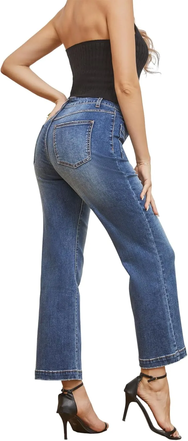 Women’s Wide Leg Petite Jeans High Waisted Stretchy Cropped Flare Jeans with Patch Pockets