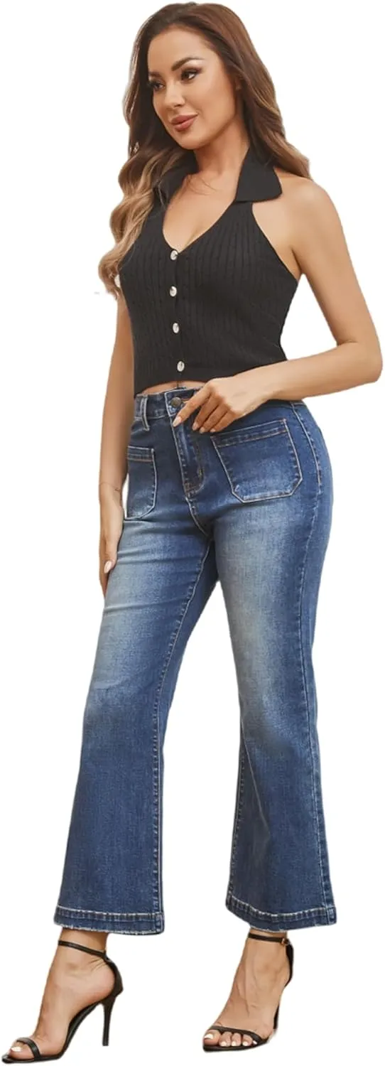 Women’s Wide Leg Petite Jeans High Waisted Stretchy Cropped Flare Jeans with Patch Pockets