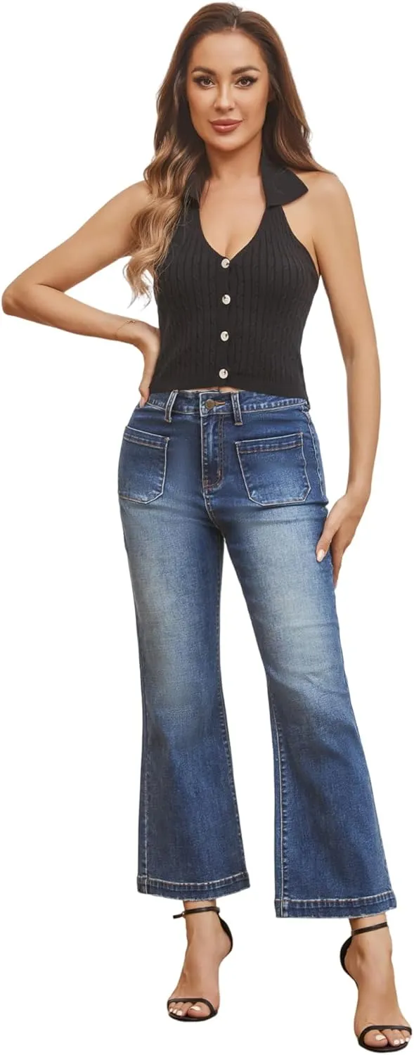 Women’s Wide Leg Petite Jeans High Waisted Stretchy Cropped Flare Jeans with Patch Pockets