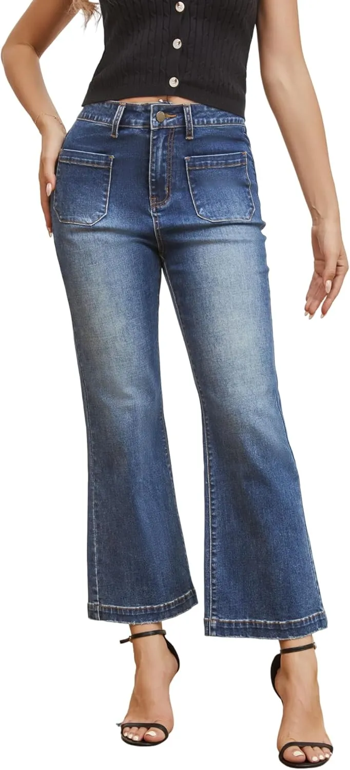 Women’s Wide Leg Petite Jeans High Waisted Stretchy Cropped Flare Jeans with Patch Pockets