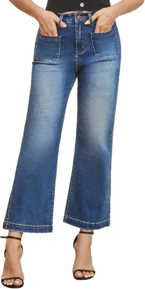 Women’s Wide Leg Petite Jeans High Waisted Stretchy Cropped Flare Jeans with Patch Pockets