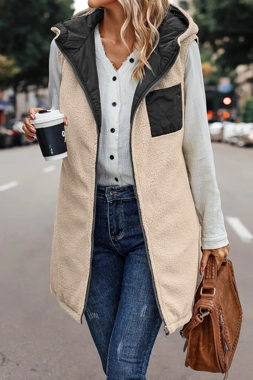 Womens Winter Reversible Vests 2024 Long Warm Sleeveless Fleece Jacket Zip up Hoodie Fall Casual Coats with Pockets