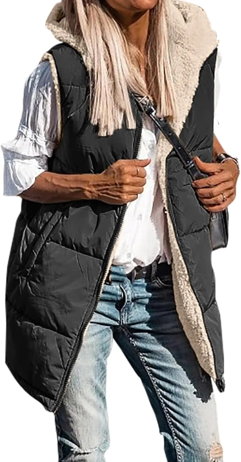 Womens Winter Reversible Vests 2024 Long Warm Sleeveless Fleece Jacket Zip up Hoodie Fall Casual Coats with Pockets