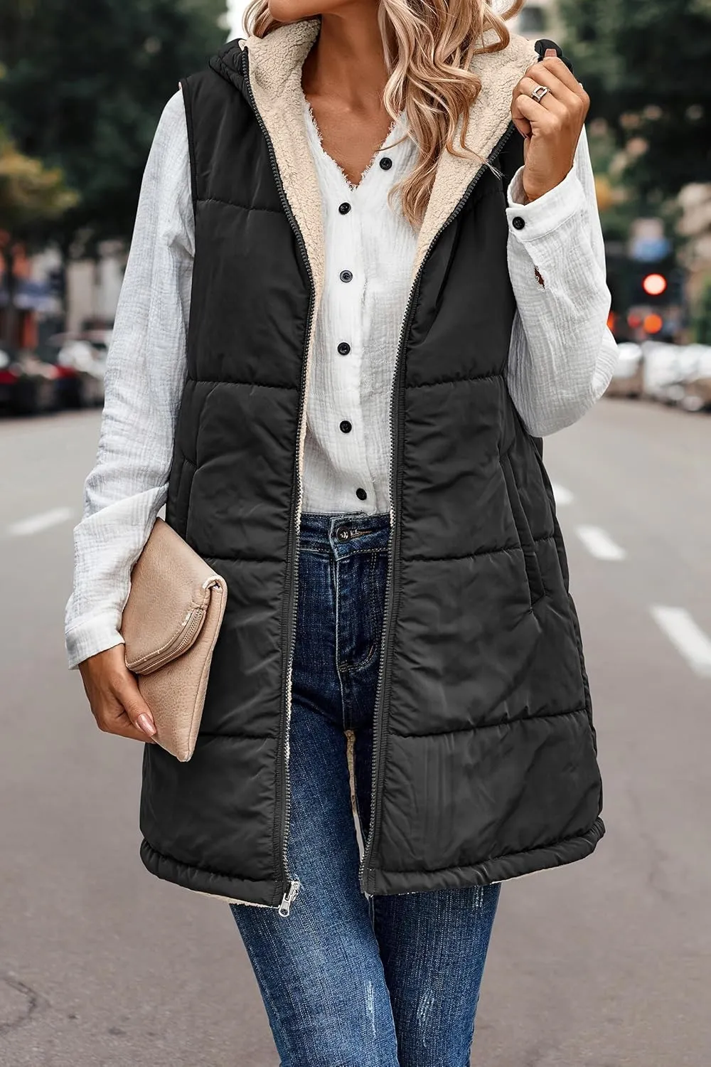 Womens Winter Reversible Vests 2024 Long Warm Sleeveless Fleece Jacket Zip up Hoodie Fall Casual Coats with Pockets