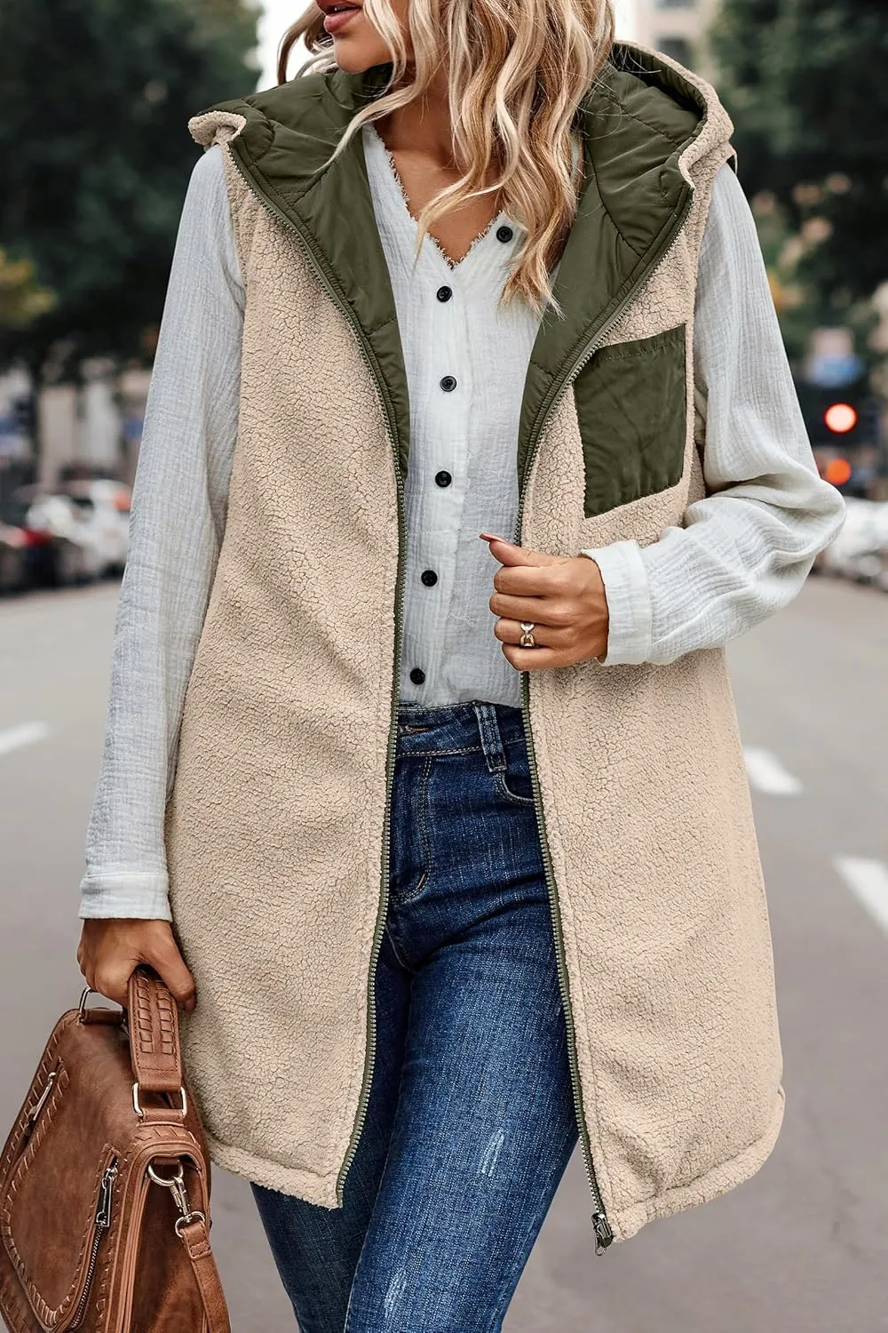 Womens Winter Reversible Vests 2024 Long Warm Sleeveless Fleece Jacket Zip up Hoodie Fall Casual Coats with Pockets