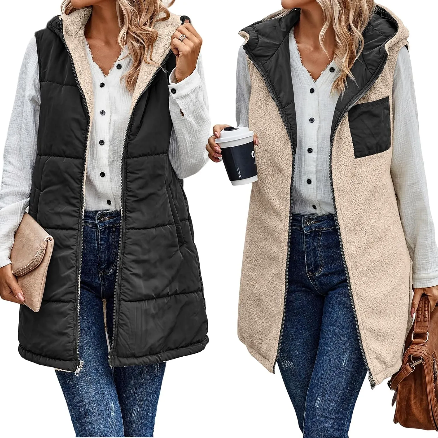 Womens Winter Reversible Vests 2024 Long Warm Sleeveless Fleece Jacket Zip up Hoodie Fall Casual Coats with Pockets