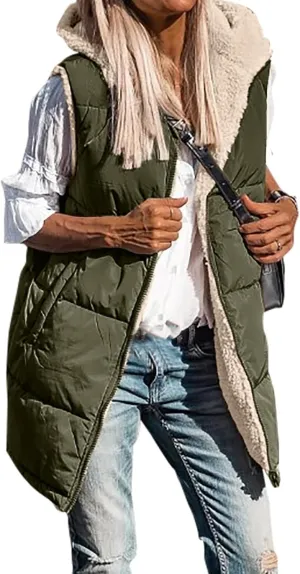 Womens Winter Reversible Vests 2024 Long Warm Sleeveless Fleece Jacket Zip up Hoodie Fall Casual Coats with Pockets