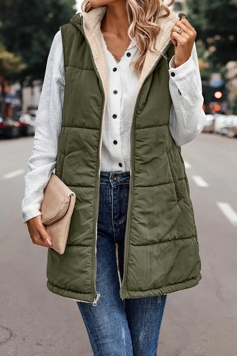 Womens Winter Reversible Vests 2024 Long Warm Sleeveless Fleece Jacket Zip up Hoodie Fall Casual Coats with Pockets