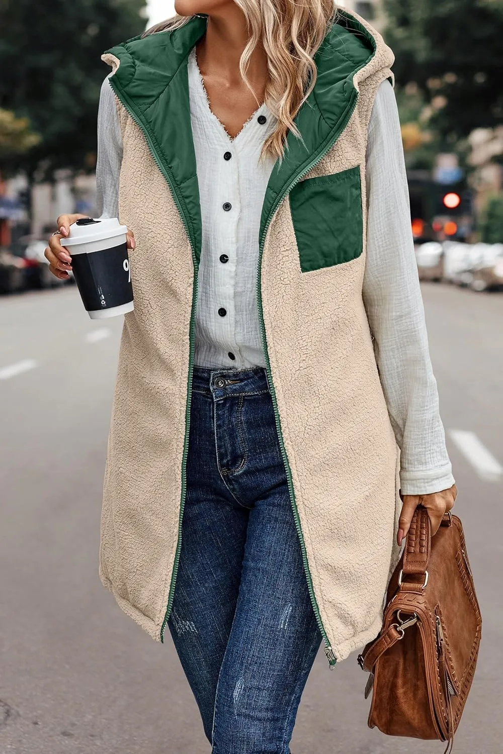 Womens Winter Reversible Vests 2024 Long Warm Sleeveless Fleece Jacket Zip up Hoodie Fall Casual Coats with Pockets