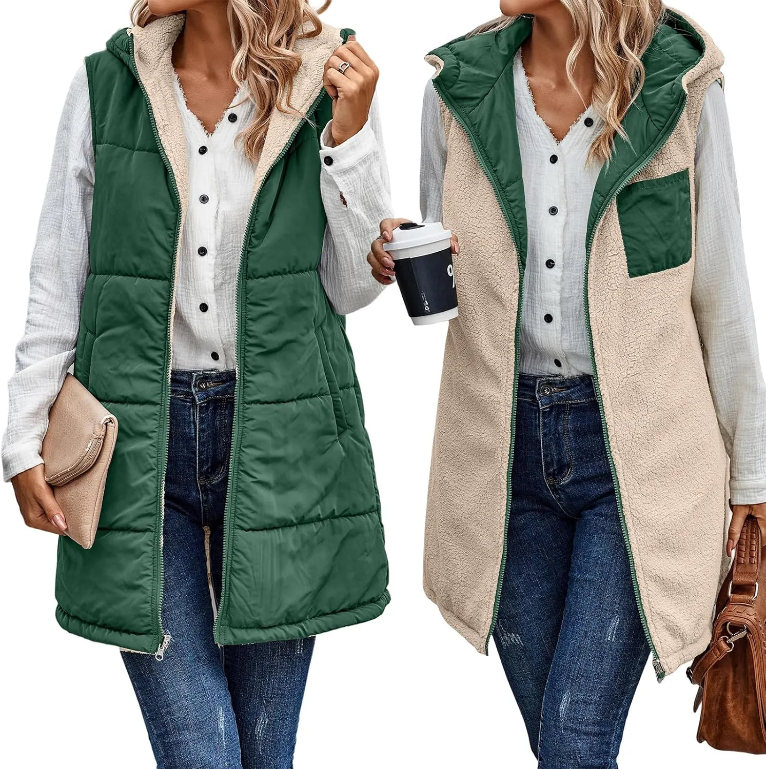 Womens Winter Reversible Vests 2024 Long Warm Sleeveless Fleece Jacket Zip up Hoodie Fall Casual Coats with Pockets