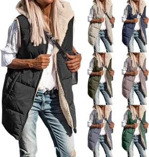 Womens Winter Reversible Vests 2024 Long Warm Sleeveless Fleece Jacket Zip up Hoodie Fall Casual Coats with Pockets