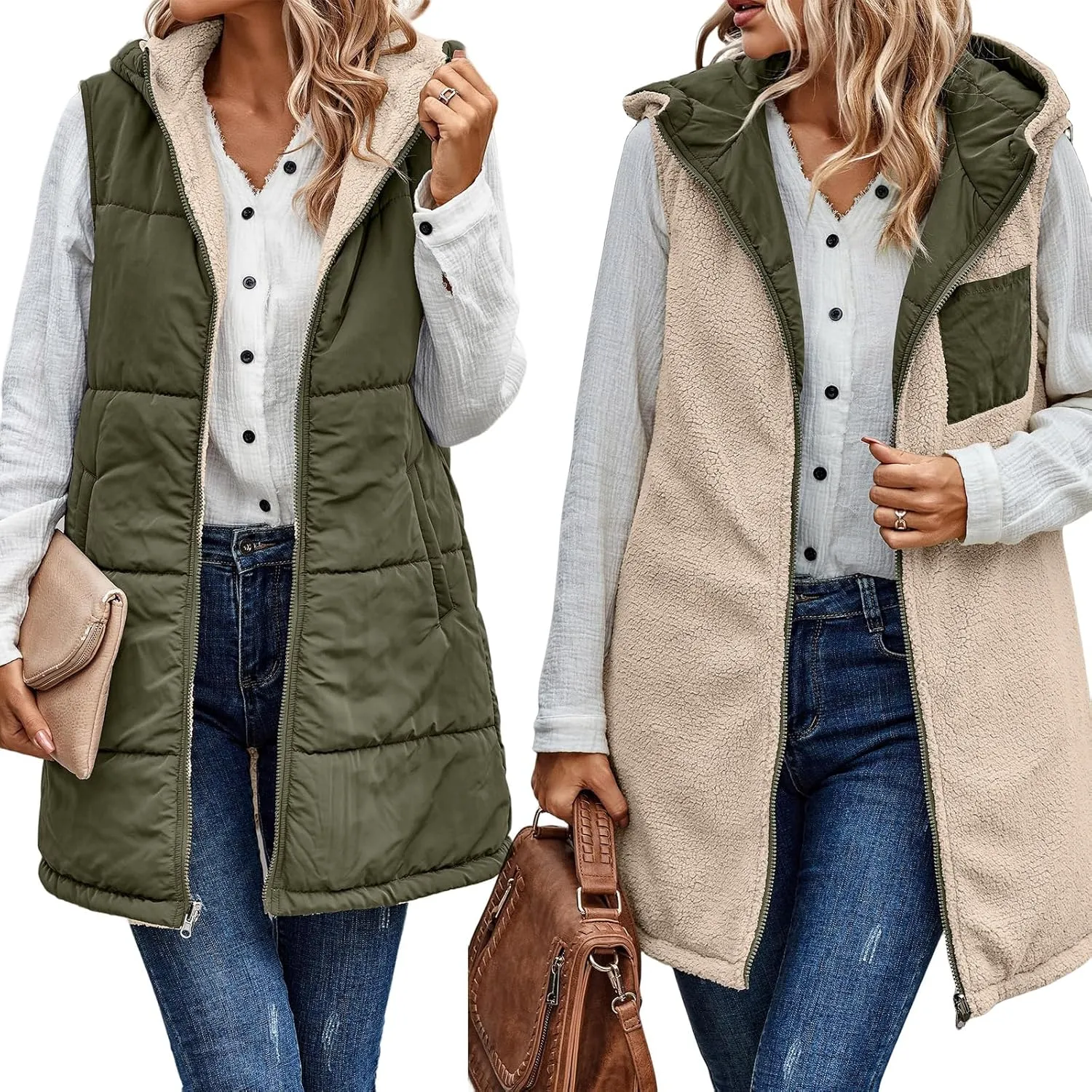 Womens Winter Reversible Vests 2024 Long Warm Sleeveless Fleece Jacket Zip up Hoodie Fall Casual Coats with Pockets