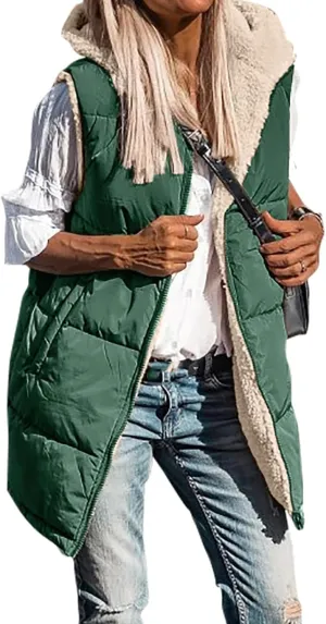Womens Winter Reversible Vests 2024 Long Warm Sleeveless Fleece Jacket Zip up Hoodie Fall Casual Coats with Pockets