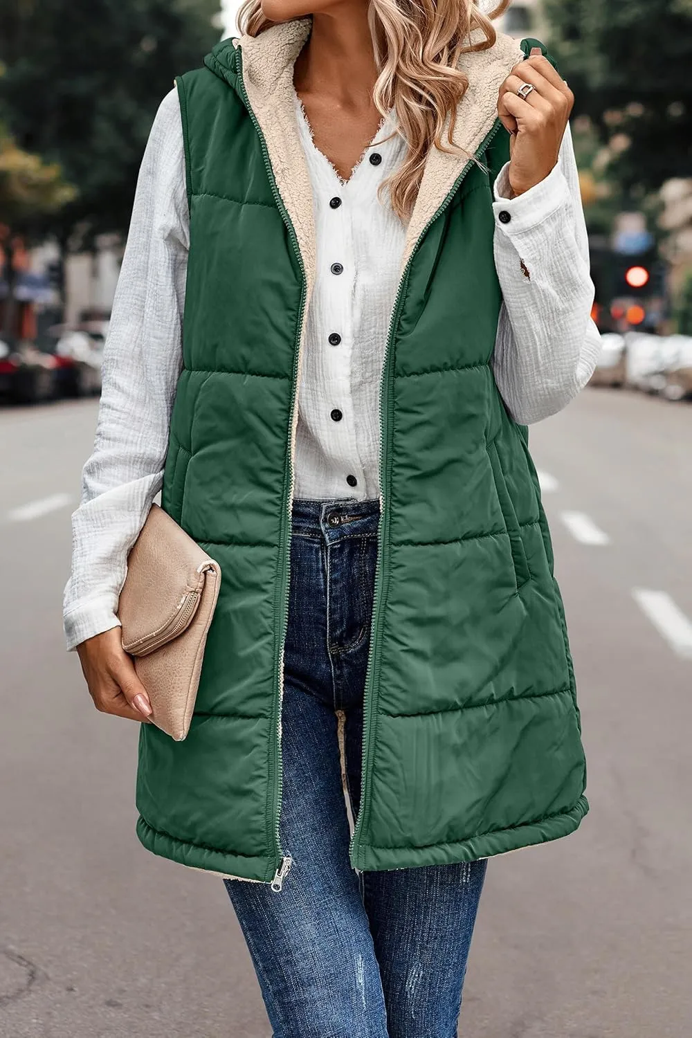 Womens Winter Reversible Vests 2024 Long Warm Sleeveless Fleece Jacket Zip up Hoodie Fall Casual Coats with Pockets