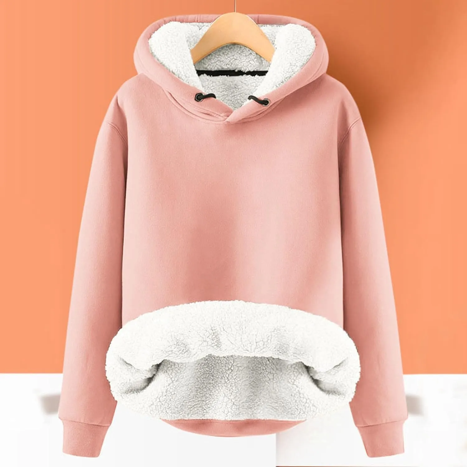 Women's Winter Warm Fleece Sherpa Lined Hoodies Solid Crewneck Hooded Sweatshirts Thick Pullover Jumper Tops