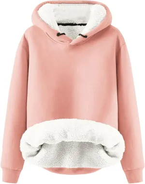 Women's Winter Warm Fleece Sherpa Lined Hoodies Solid Crewneck Hooded Sweatshirts Thick Pullover Jumper Tops
