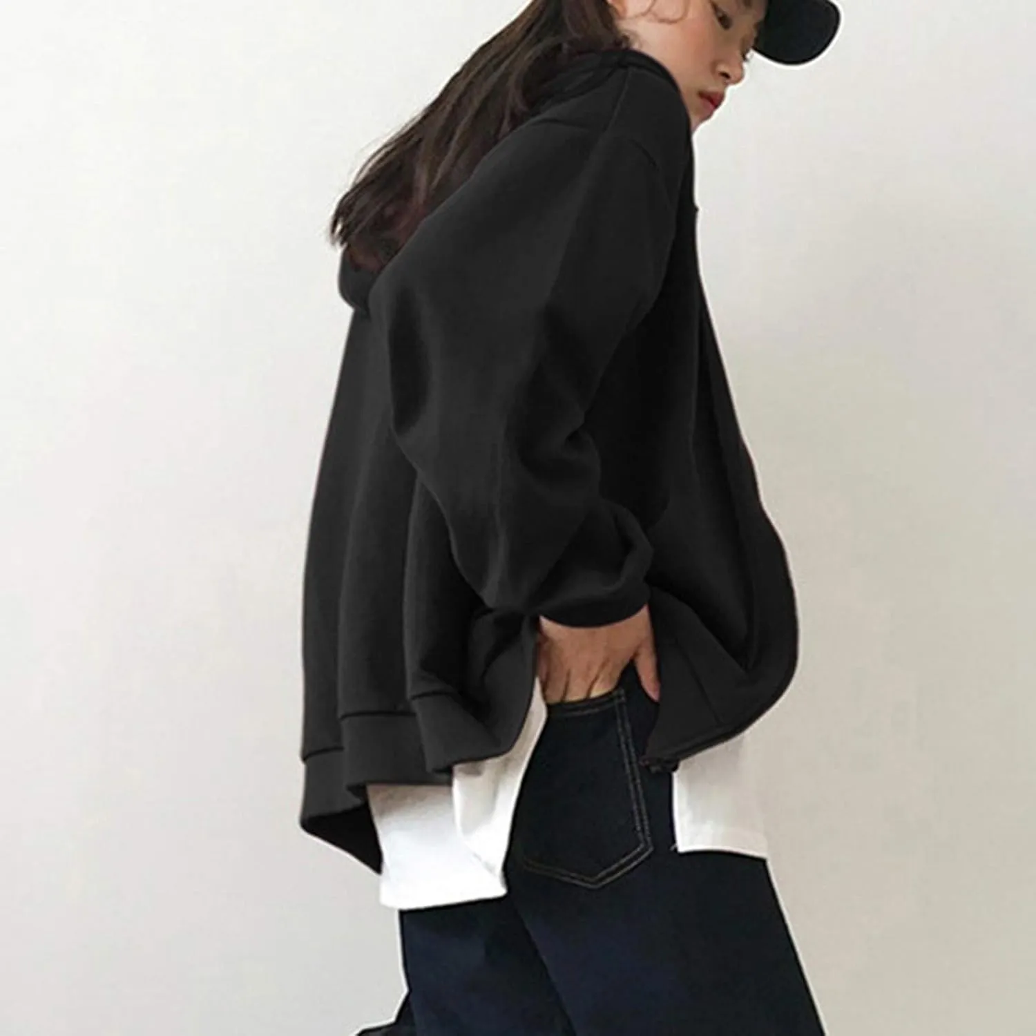 Women's Zip Front Drawstring Hoodie Long Sleeve Casual Sweatshirt Top Black Hoodies for Women