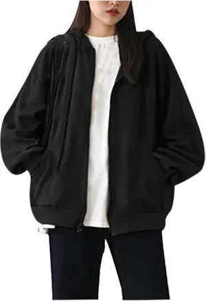 Women's Zip Front Drawstring Hoodie Long Sleeve Casual Sweatshirt Top Black Hoodies for Women
