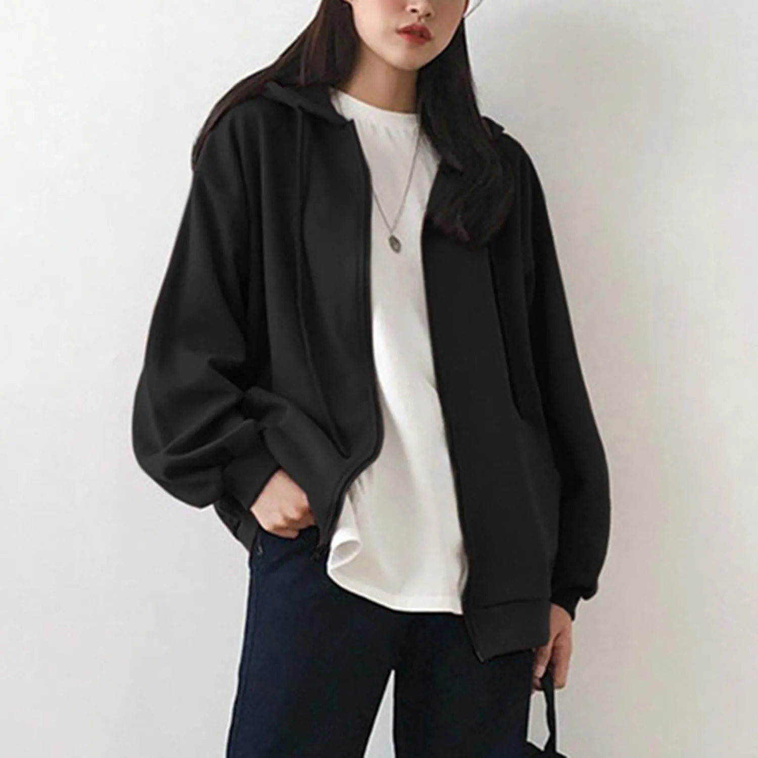 Women's Zip Front Drawstring Hoodie Long Sleeve Casual Sweatshirt Top Black Hoodies for Women