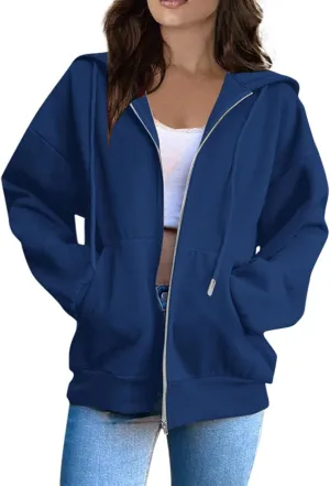 Womens Zip Up Hoodies Lightweight Fleece Jacket Oversized Hooded Sweatshirt Casual Drawstring Fall Clothes w/Pockets