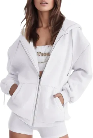 Womens Zip Up Hoodies Solid Long Sleeve Oversized Sweatshirts Fleece Jacket with Pockets