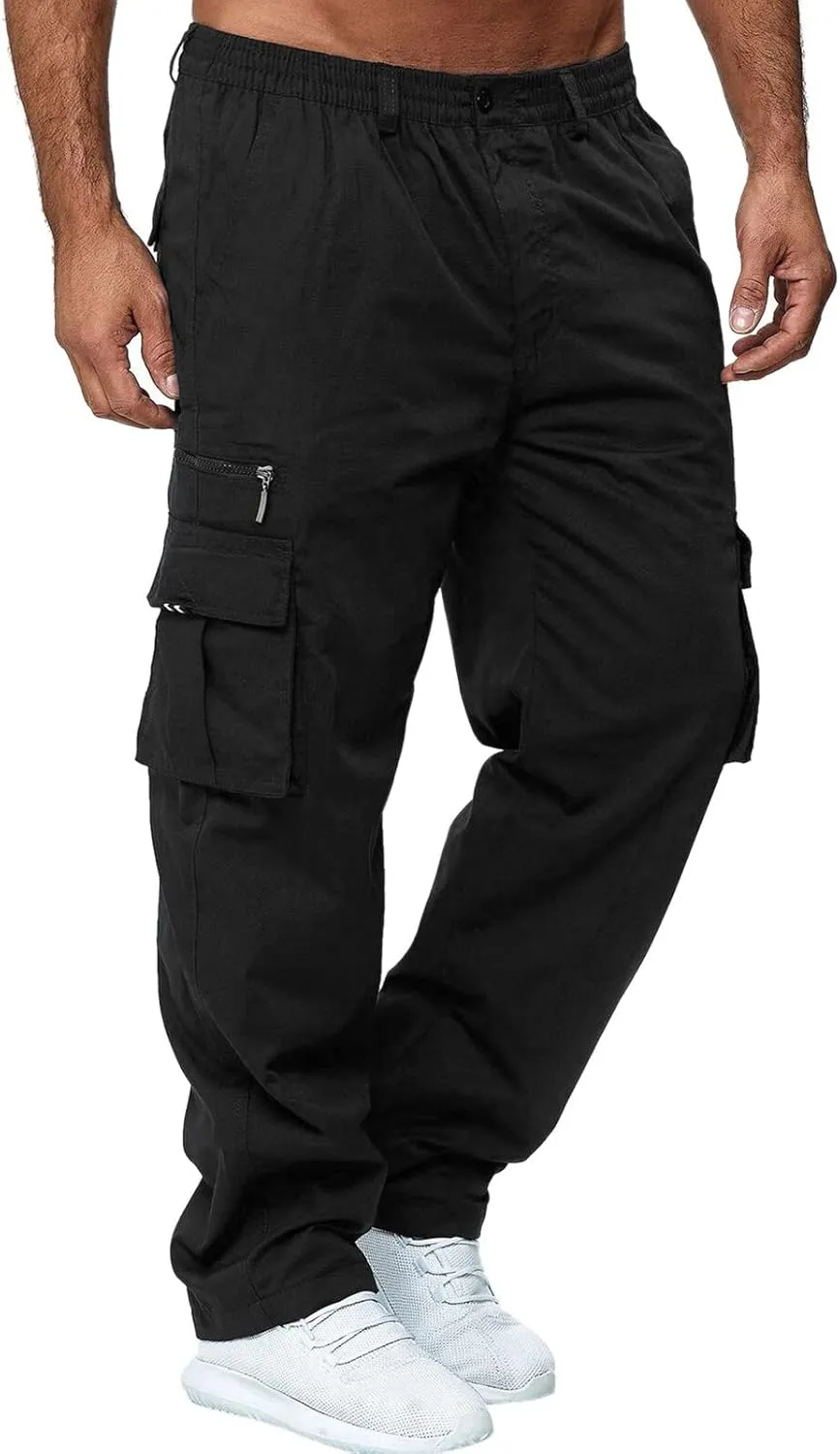 XUETON Men's Outdoor Hiking Ripstop Cargo Pants Multi-Pocket Work Utility Pants Straight Leg Open Bottom Cargo Trousers(Black,3X-Large)