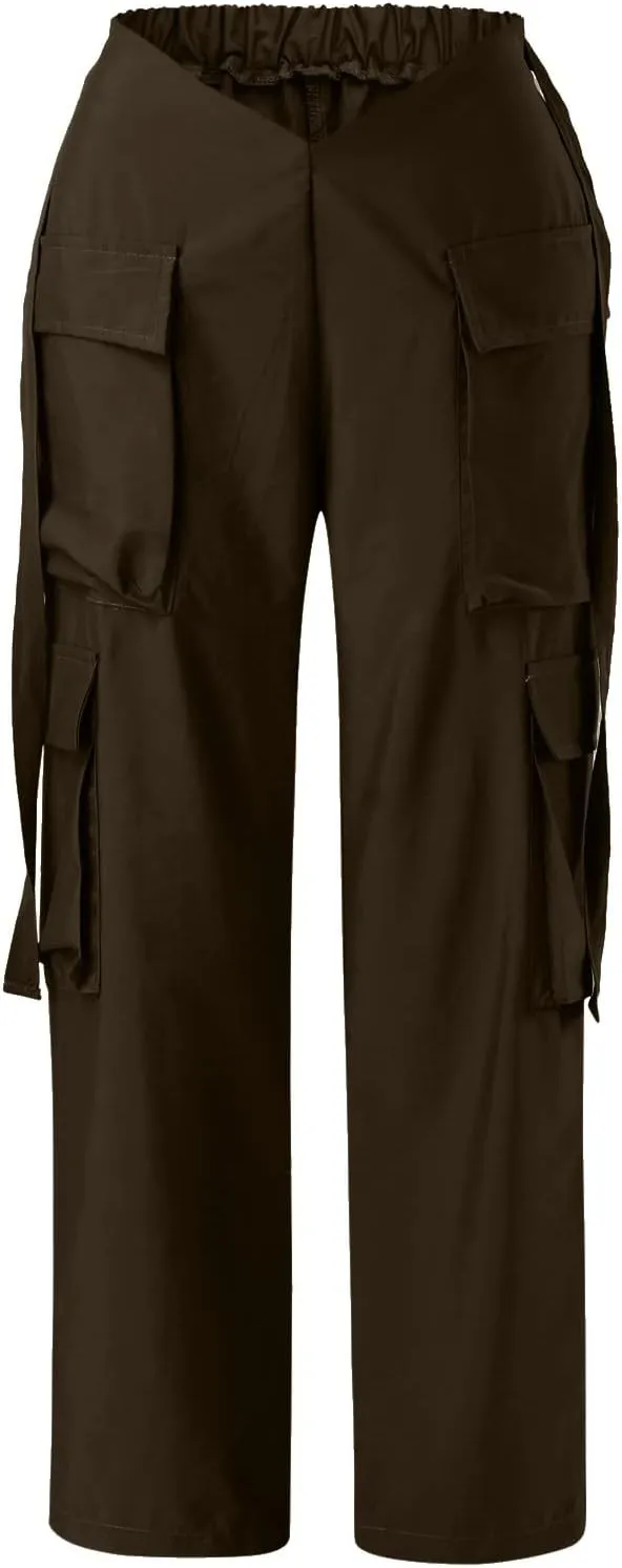 YOLAI V-Shaped Crossed Cargo Pant Mid Waist Baggy Wide Leg Trousers Streetwear Hip Hop Joggers Pants with Pockets