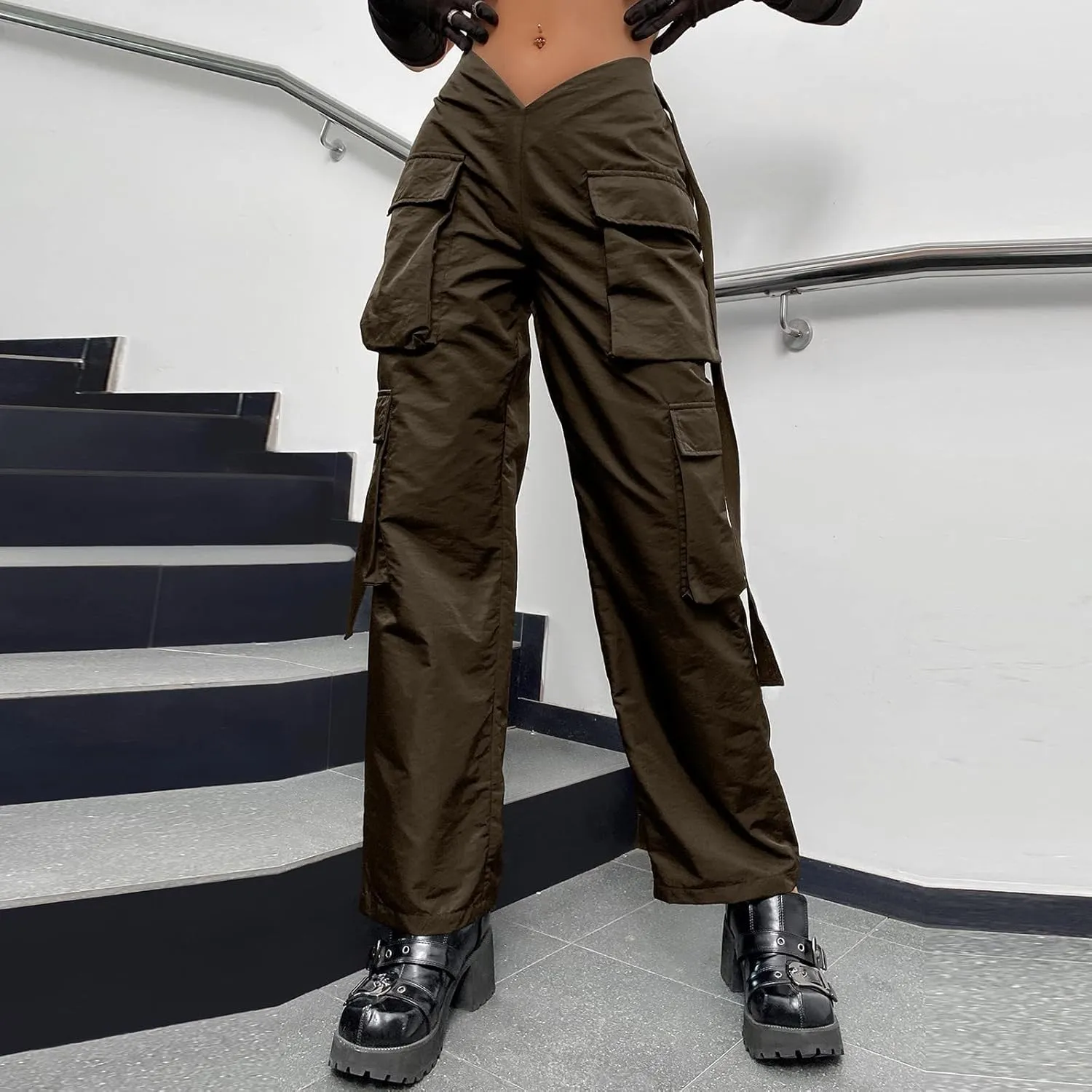 YOLAI V-Shaped Crossed Cargo Pant Mid Waist Baggy Wide Leg Trousers Streetwear Hip Hop Joggers Pants with Pockets