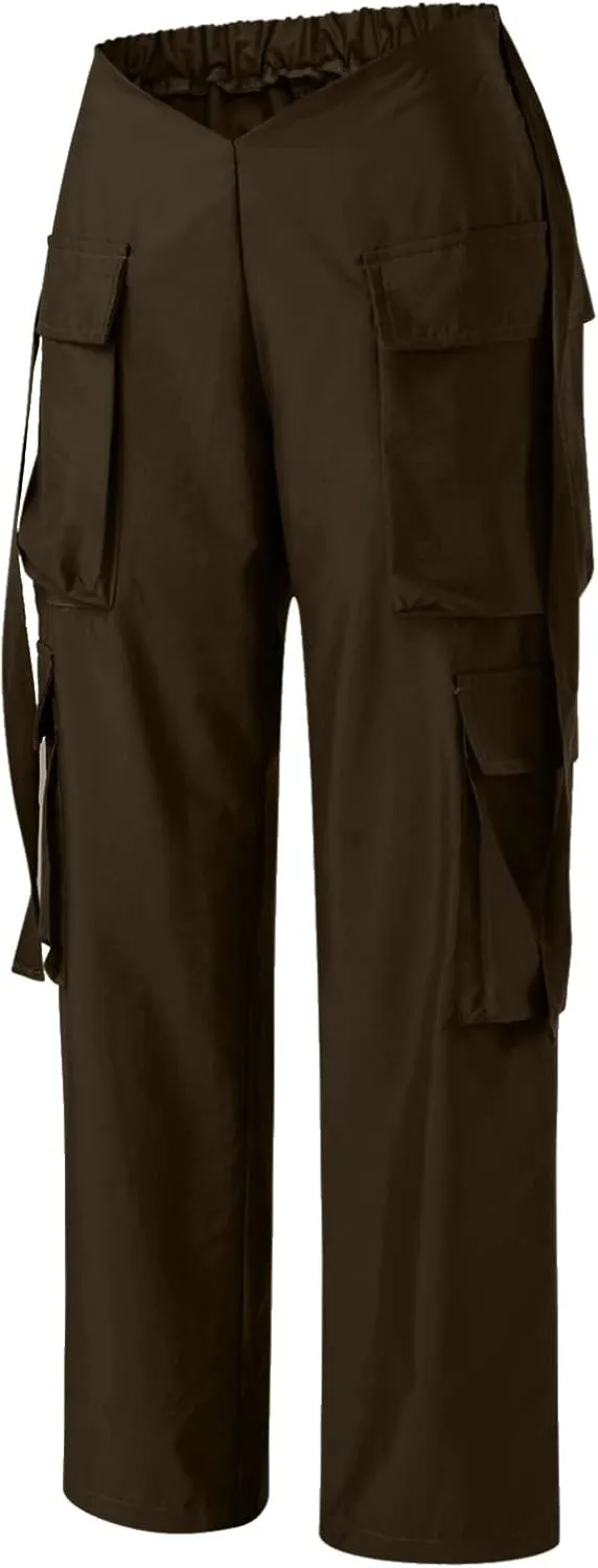 YOLAI V-Shaped Crossed Cargo Pant Mid Waist Baggy Wide Leg Trousers Streetwear Hip Hop Joggers Pants with Pockets