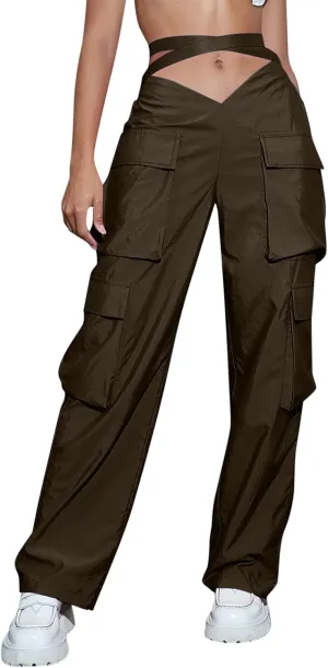 YOLAI V-Shaped Crossed Cargo Pant Mid Waist Baggy Wide Leg Trousers Streetwear Hip Hop Joggers Pants with Pockets