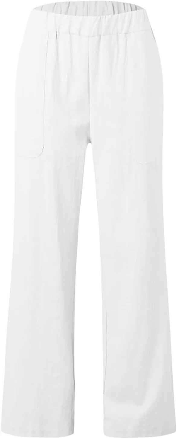 YOLAI Womens Solid High Waisted Trousers Loose Wide Leg Cozy Pants Straight Leg Trousers Pants with Pockets