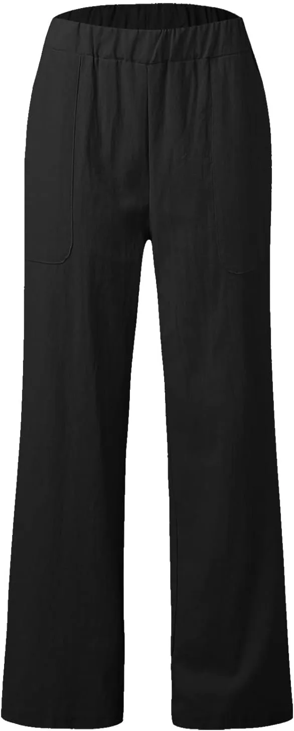 YOLAI Womens Solid High Waisted Trousers Loose Wide Leg Cozy Pants Straight Leg Trousers Pants with Pockets