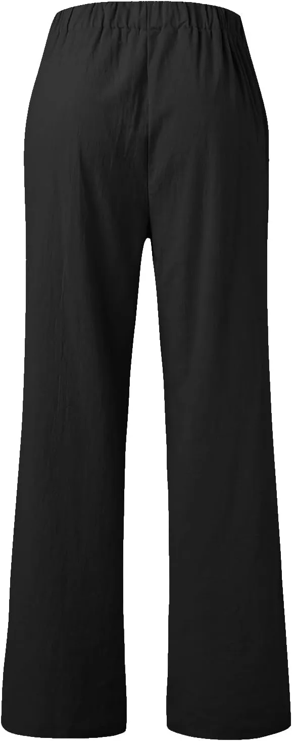 YOLAI Womens Solid High Waisted Trousers Loose Wide Leg Cozy Pants Straight Leg Trousers Pants with Pockets