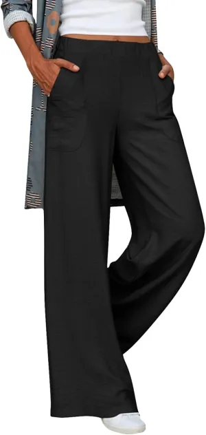 YOLAI Womens Solid High Waisted Trousers Loose Wide Leg Cozy Pants Straight Leg Trousers Pants with Pockets