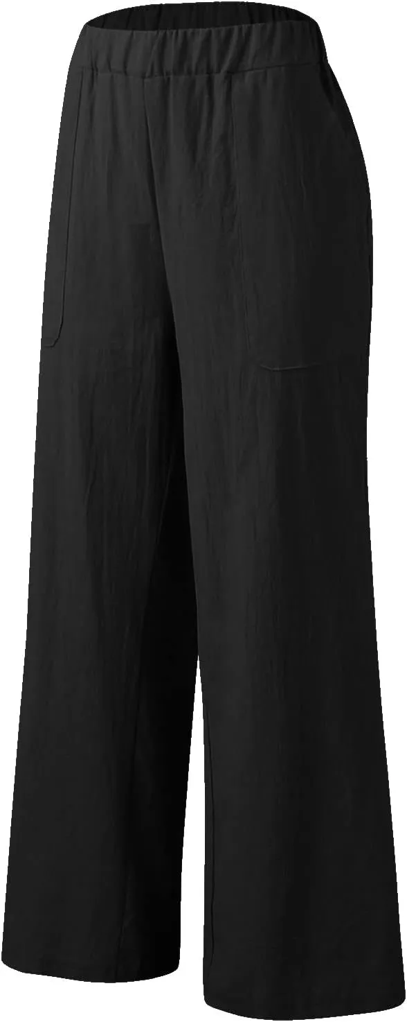 YOLAI Womens Solid High Waisted Trousers Loose Wide Leg Cozy Pants Straight Leg Trousers Pants with Pockets
