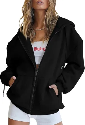Zip Up Hoodie for Women Long Sleeve Fall Fashion Oversized Sweatshirts Fleece Y2k Jacket with Pockets 2024