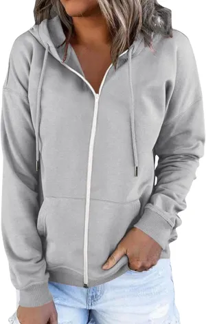 Zip Up Hoodies for Women Solid Color Trendy Fleece Hooded Sweatshirts Drawstring Long Sleeve Streetwear Y2K Tops with Pockets Cropped Hoodie,Grey,XL